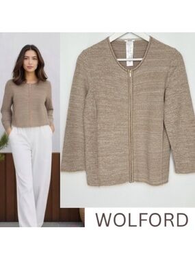 Wolford Nadi Metallic Gold Taupe Textured Knit Zip Front Jacket Cardigan Size M